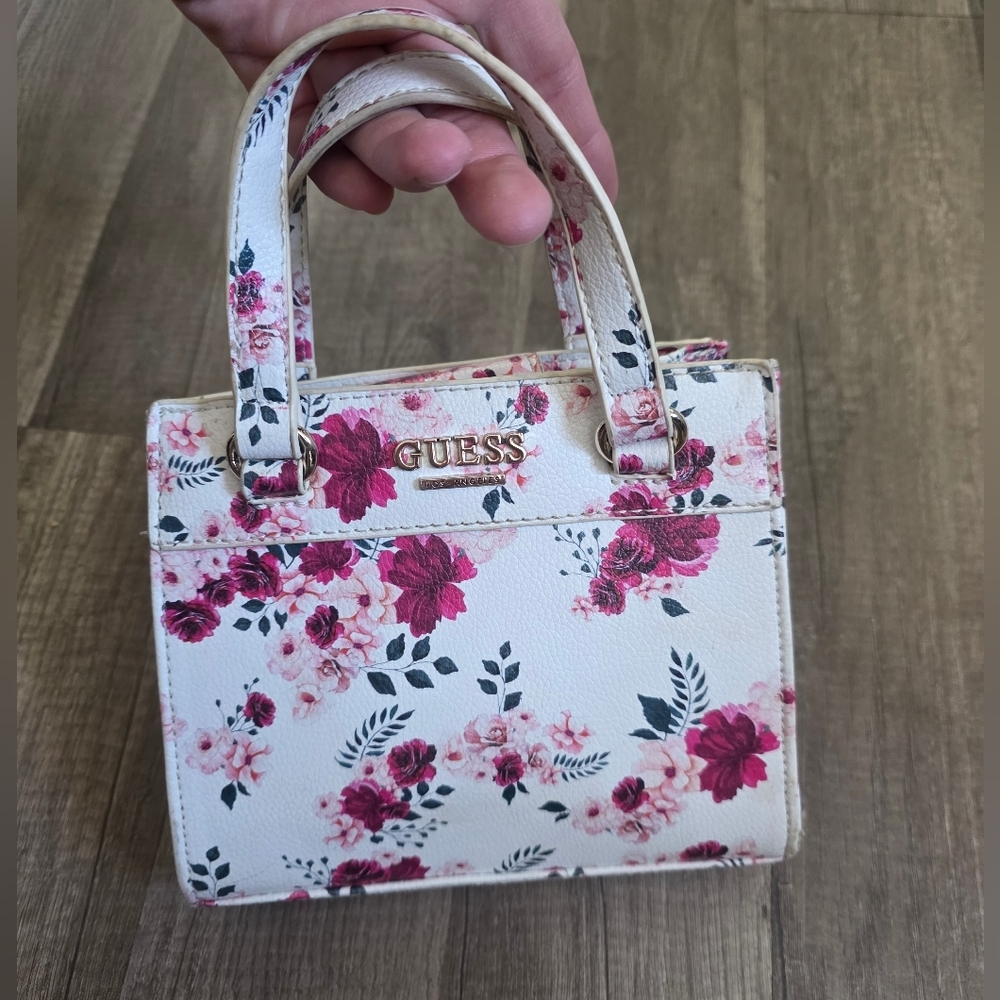 GUESS Roses Mini Satchel Crossbody Bag Gold Chain Floral Shabby Chic Coquette